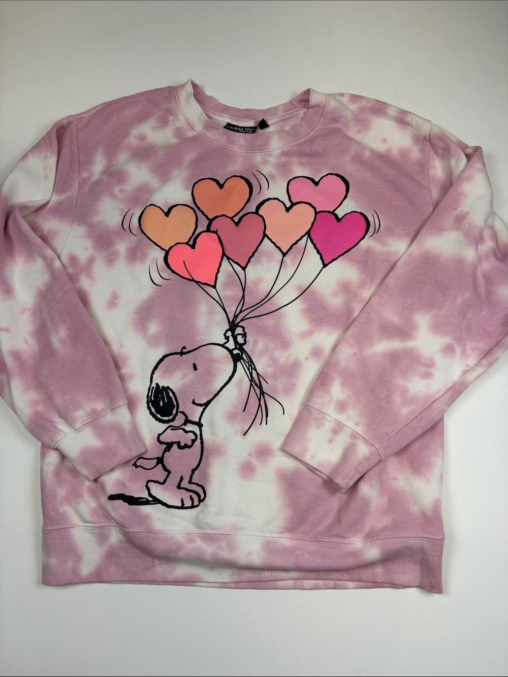 PEANUTS SNOOPY HEART BALLOONS PINK TIE DYE SWEATSHIRT WOMENS LARGE